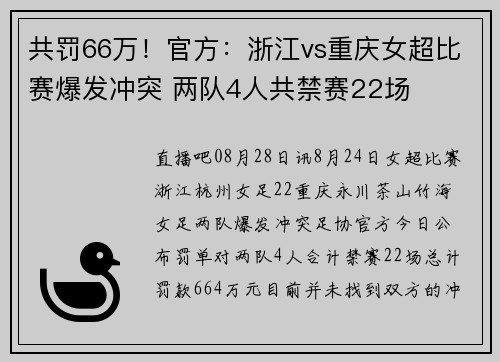 共罚66万！官方：浙江vs重庆女超比赛爆发冲突 两队4人共禁赛22场